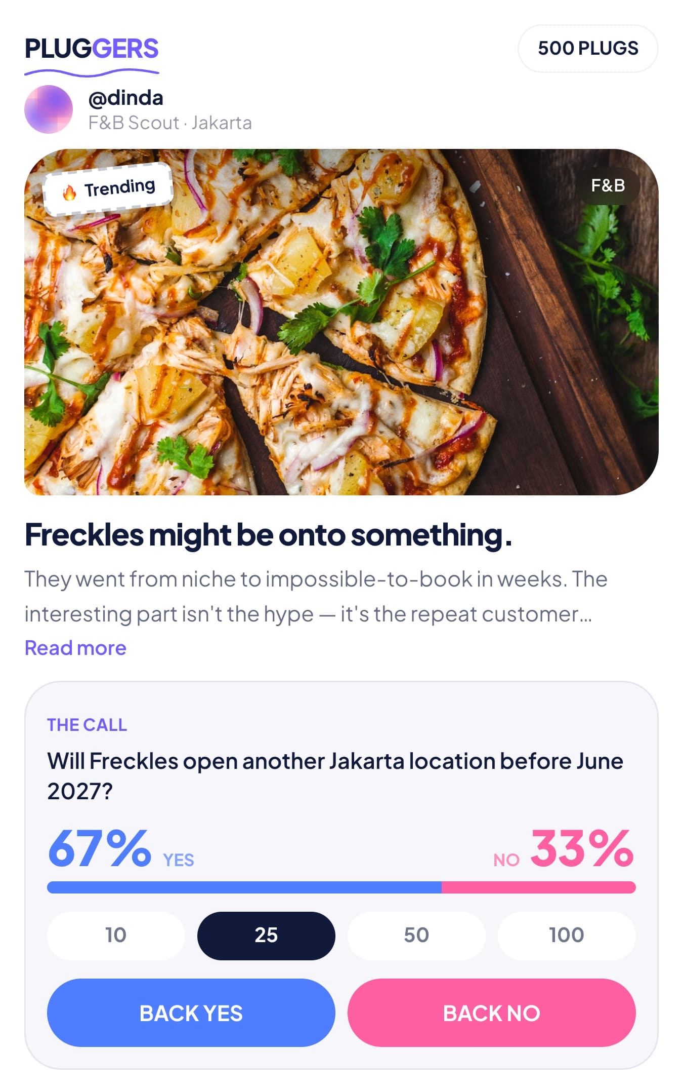 Home feed: a Call with a live Yes/No prediction market
