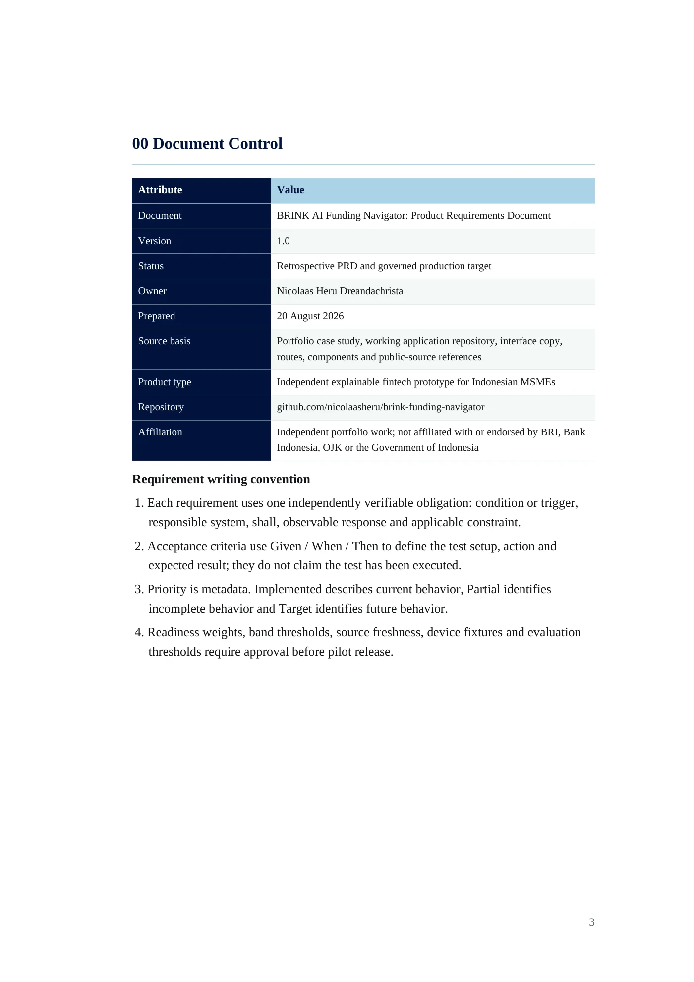 BRINK requirements document, page 3