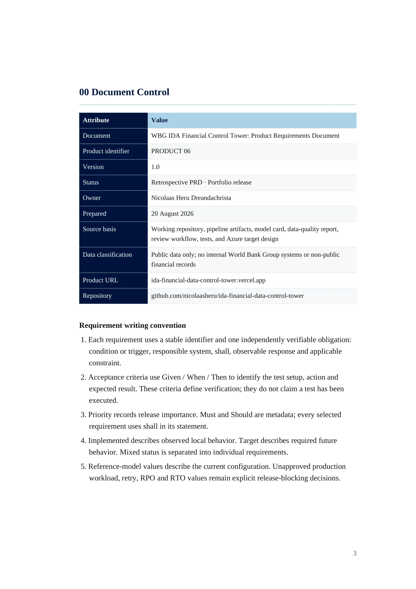 IDA Financial Control Tower requirements document, page 3